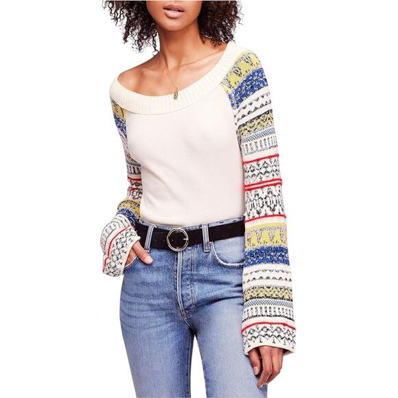 Free People White Fairground Cotton Thermal Sweater Sleeve Top - Picture 2 of 12